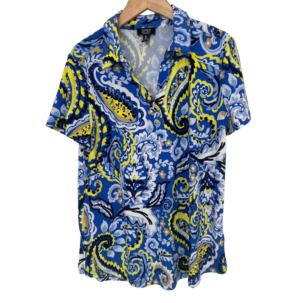 Jones New York Top Womens S Blue Paisley Stretch Casual Resort Vacation Office